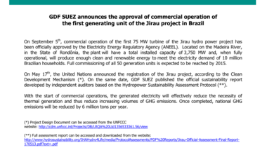 GDF SUEZ announces the approval of commercial operation of the first generating unit of the Jirau project in Brazil