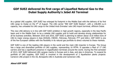 GDF SUEZ delivered its first cargo of Liquefied Natural Gas to the Dubai Supply Authority's Jebel Ali Terminal