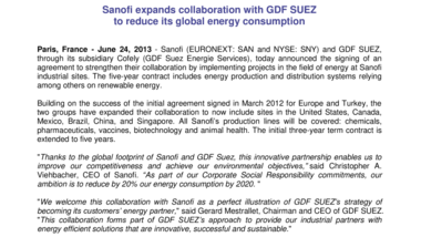 Sanofi expands collaboration with GDF SUEZ to reduce its global energy consumption