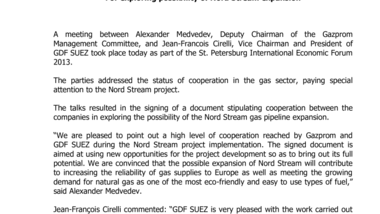 Gazprom and GDF SUEZ sign document For exploring possibility of Nord Stream expansion