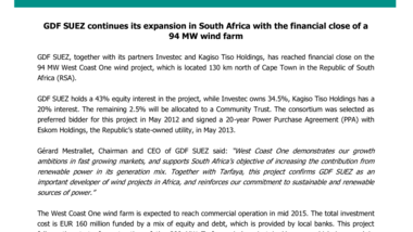 GDF SUEZ continues its expansion in South Africa with the financial close of a 94 MW wind farm