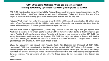 GDF SUEZ joins Nabucco West gas pipeline project aiming at opening up a new route for gas imports to Europe
