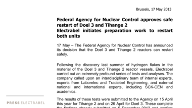 Federal Agency for Nuclear Control approves safe restart of Doel 3 and Tihange 2 Electrabel initiates preparation work to restart both units