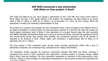 GDF SUEZ announces a new partnership with Mitsui on Jirau project, in Brazil