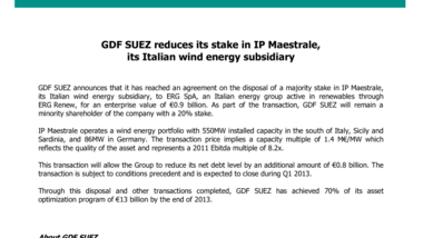 GDF SUEZ reduces its stake in IP Maestrale, its Italian wind energy subsidiary