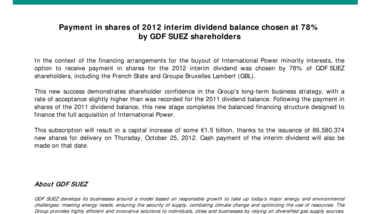 Payment in shares of 2012 interim dividend balance chosen at 78% by GDF SUEZ shareholders