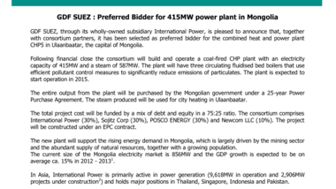 GDF SUEZ - Preferred Bidder for 415MW power plant in Mongolia