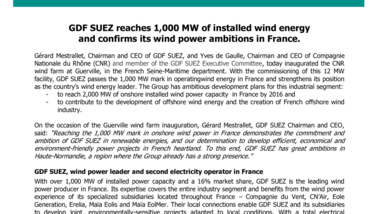 GDF SUEZ reaches 1,000 MW of installed wind energy and confirms its wind power ambitions in France.