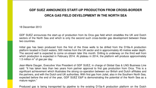 GDF SUEZ announces start-up production from cross-border Orca gas field ...