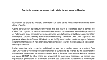 Route de la Soie nouveau trafic via le tunnel sous la Manche