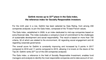 Getlink moves up to 22nd place in the Gaïa index, the reference index for Socially Responsible investors