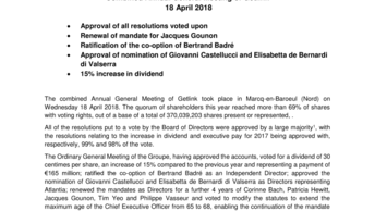 Combined Annual General Meeting of Getlink 18 April 2018