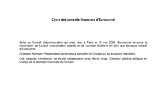 Choix des conseils financiers d'Eurotunnel