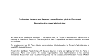 Confirmation de Jean-Louis Raymond comme Directeur général d’Eurotunnel - Nomination d’un nouvel administrateur