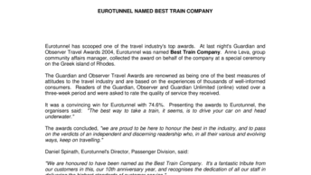 EUROTUNNEL NAMED BEST TRAIN COMPANY