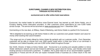 EUROTUNNEL CHANNELS NEW DISTRIBUTION DEAL  THROUGH ACTIVE HOTELS