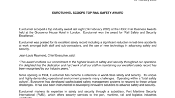 EUROTUNNEL SCOOPS TOP RAIL SAFETY AWARD