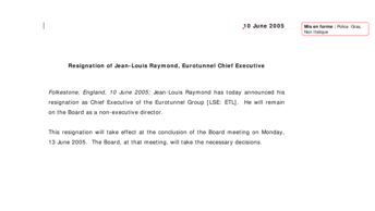 Resignation of Jean-Louis Raymond, Eurotunnel Chief Executive