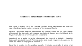 Eurotunnel a transporté son neuf millionième camion