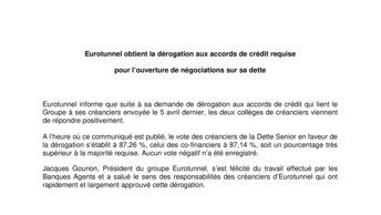 Eurotunnel obtient la dérogation aux accords de crédit requise  pour l’ouverture de négociations sur sa dette