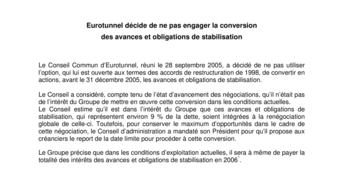 Eurotunnel décide de ne pas engager la conversion  des avances et obligations de stabilisation