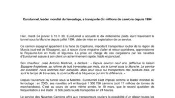 Eurotunnel, leader mondial du ferroutage, a transporté dix millions de camions depuis 1994