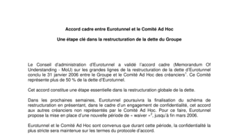 Accord cadre entre Eurotunnel et le Comité Ad Hoc - Une étape clé dans la restructuration de la dette du Groupe