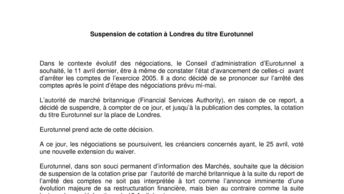 Suspension de cotation à Londres du titre Eurotunnel
