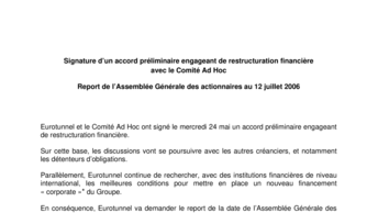Signature d’un accord préliminaire engageant de restructuration financière avec le Comité Ad Hoc