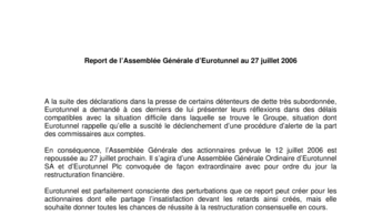 Report de l’Assemblée Générale d’Eurotunnel au 27 juillet 2006