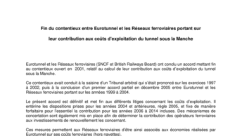 Fin du contentieux entre Eurotunnel et les Réseaux ferroviaires portant sur  leur contribution aux coûts d’exploitation du tunnel sous la Manche