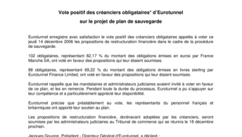 Vote positif des créanciers obligataires* d’Eurotunnel  sur le projet de plan de sauvegarde