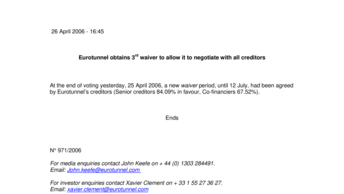Eurotunnel obtains 3rd waiver to allow it to negotiate with all creditors