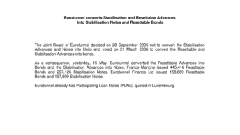Eurotunnel converts Stabilisation and Resettable Advances  into Stabilisation Notes and Resettable Bonds