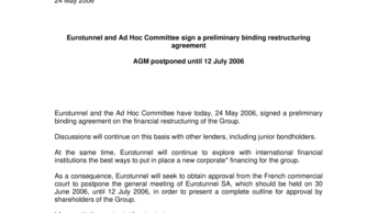 Eurotunnel and Ad Hoc Committee sign a preliminary binding restructuring agreement
