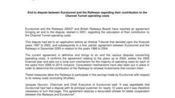 End to dispute between Eurotunnel and the Railways regarding their contribution to the Channel Tunnel operating costs