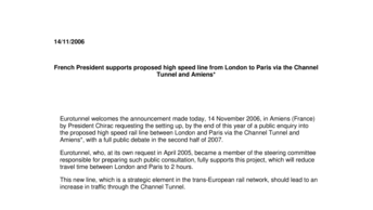 French President supports proposed high speed line from London to Paris via the Channel Tunnel and Amiens*
