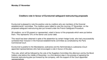 Creditors vote in favour of Eurotunnel safeguard restructuring proposals