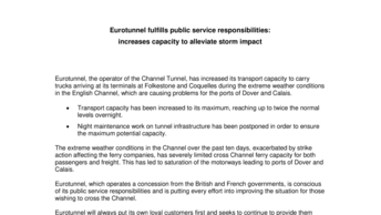 Eurotunnel fulfills public service responsibilities:  increases capacity to alleviate storm impact