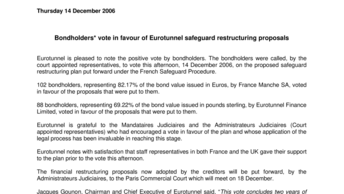 Bondholders* vote in favour of Eurotunnel safeguard restructuring proposals