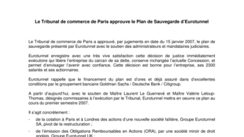 Le Tribunal de commerce de Paris approuve le Plan de Sauvegarde d’Eurotunnel