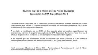 Deuxième étape de la mise en place du Plan de Sauvegarde :  Souscription des ORA disponibles du Tier 3