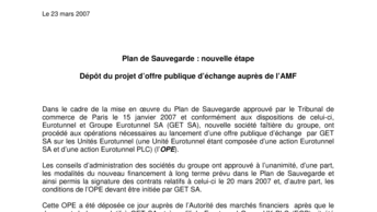 Plan de Sauvegarde : nouvelle étape - Dépôt du projet d’offre publique d’échange auprès de l’AMF