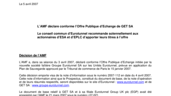 L’AMF déclare conforme l’Offre Publique d’Echange de GET SA