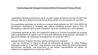 Communiqué de Groupe Eurotunnel SA et Eurotunnel Group UK plc