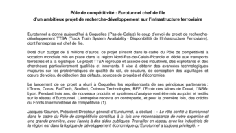 Pôle de compétitivité : Eurotunnel chef de file  d’un ambitieux projet de recherche-développement sur l’infrastructure ferroviaire