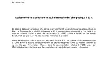 Abaissement de la condition de seuil de réussite de l’offre publique à 50 %