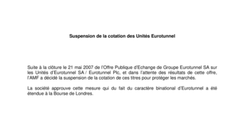 Suspension de la cotation des Unités Eurotunnel