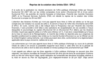 Reprise de la cotation des Unités ESA / EPLC