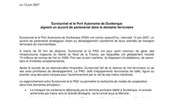 Eurotunnel et le Port Autonome de Dunkerque  signent un accord de partenariat dans le domaine ferroviaire
